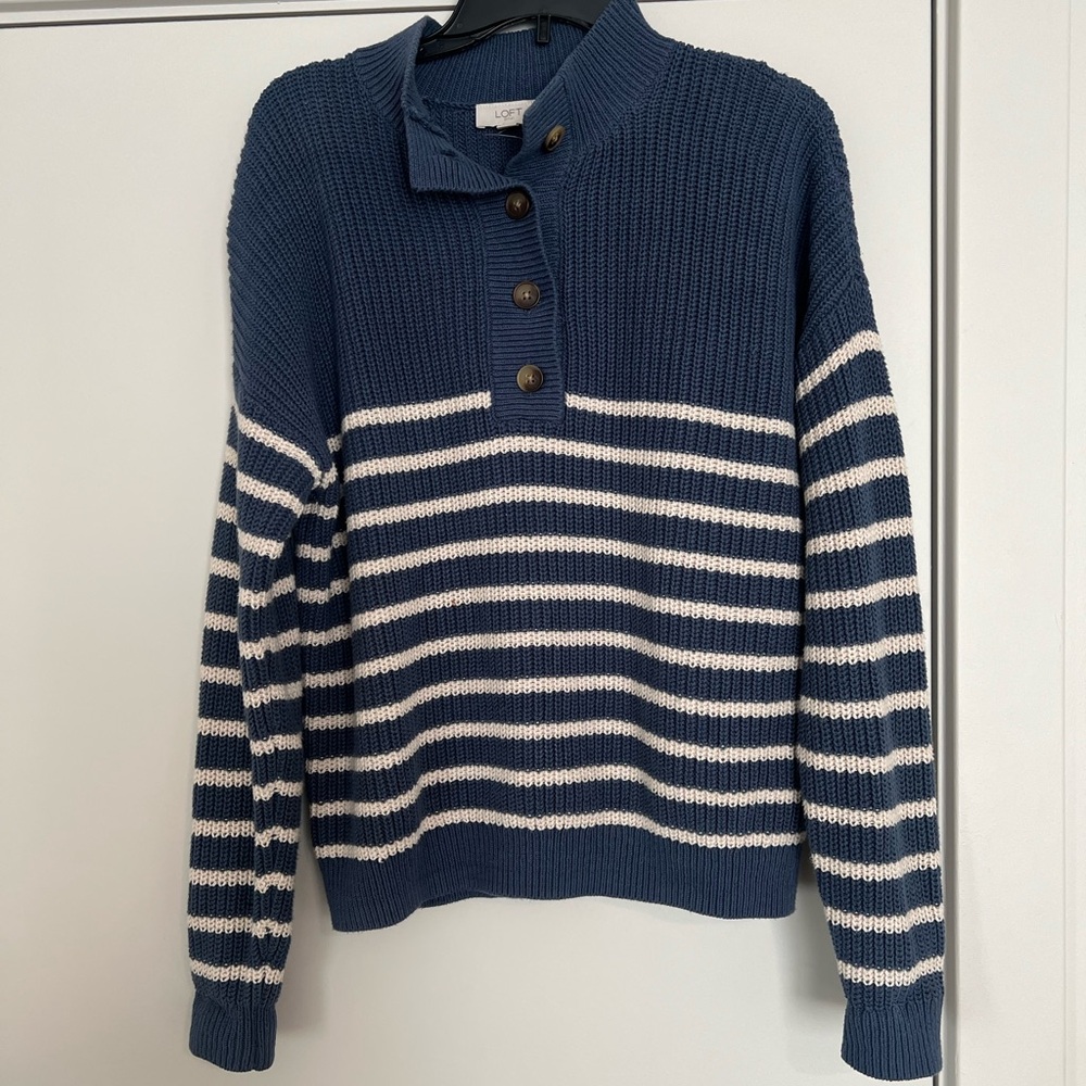 LOFT blue & White Striped Button-Neck Pullover